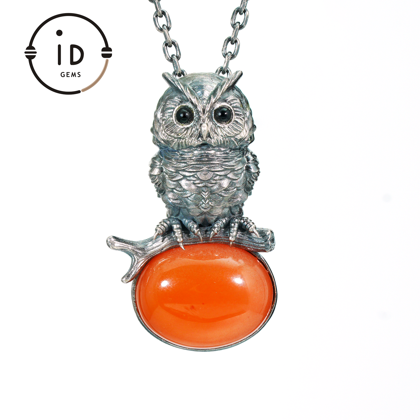 Eulenkette im Natur-Stil | Handgefertigtes 925er Sterlingsilber | Karneol-Cabochon &amp; Onyx-Augen | Feine Federgravur | Handgefertigtes Geschenk
