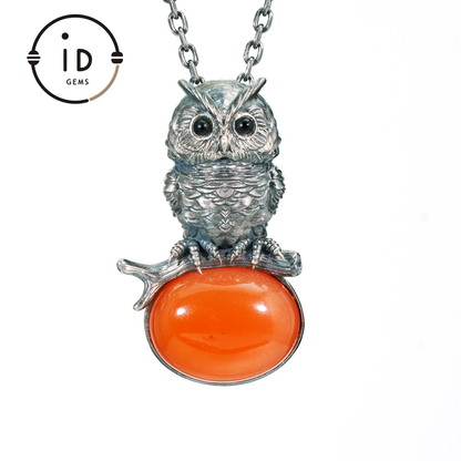 Eulenkette im Natur-Stil | Handgefertigtes 925er Sterlingsilber | Karneol-Cabochon &amp; Onyx-Augen | Feine Federgravur | Handgefertigtes Geschenk