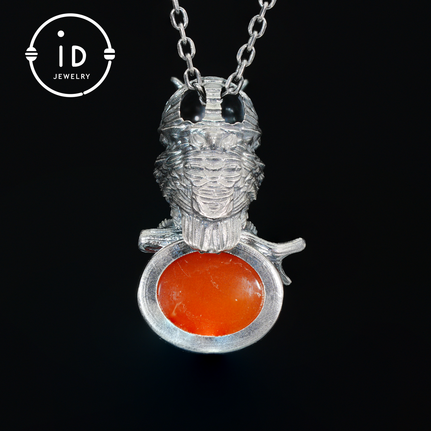 Eulenkette im Natur-Stil | Handgefertigtes 925er Sterlingsilber | Karneol-Cabochon &amp; Onyx-Augen | Feine Federgravur | Handgefertigtes Geschenk