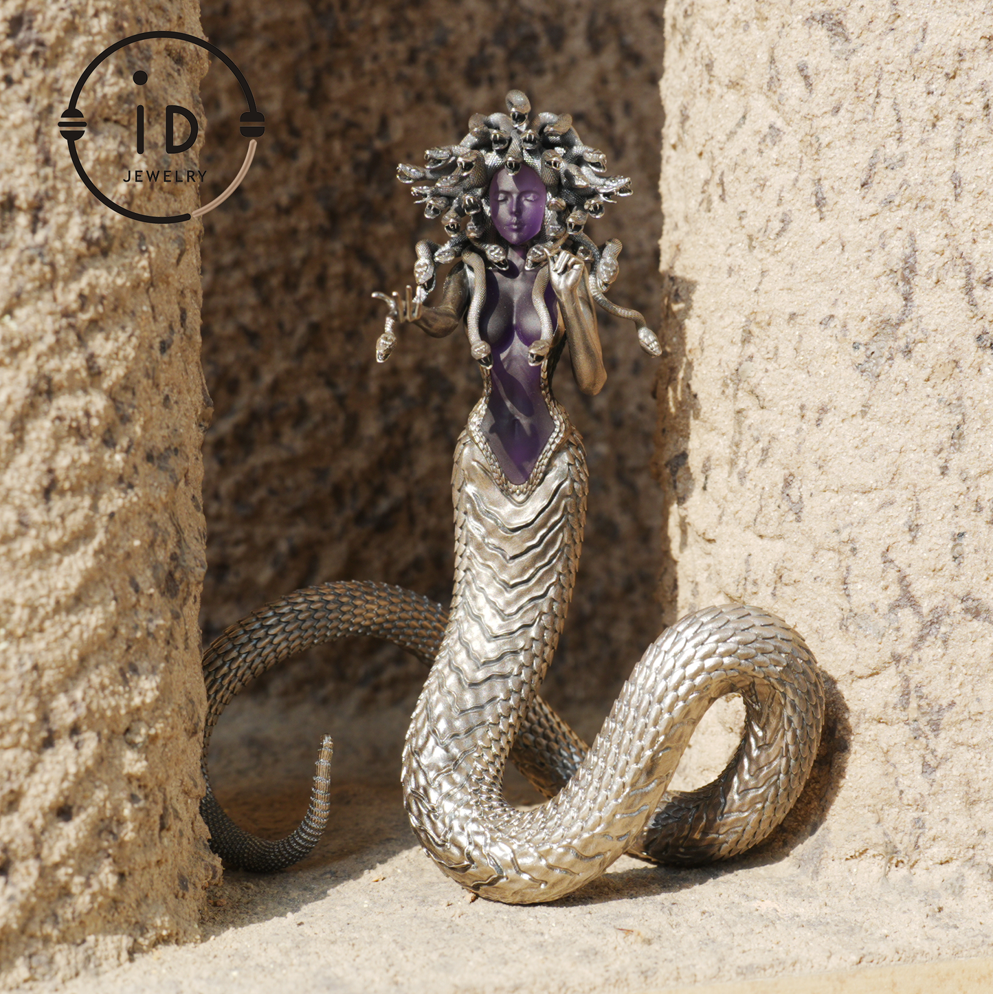 Silver Amethyst Serpent Woman Pendant & Figurine, Handmade Gothic Totem Art Object, Wearable or Display, Unique Gift Idea