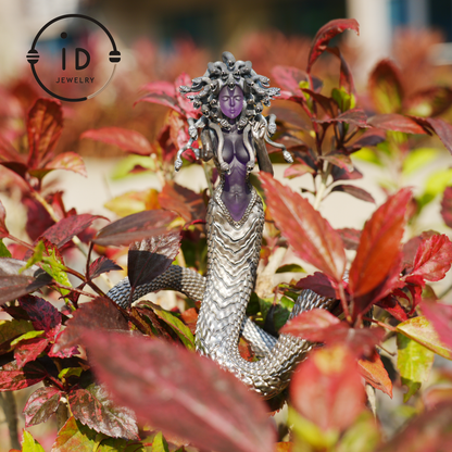 Silver Amethyst Serpent Woman Pendant & Figurine, Handmade Gothic Totem Art Object, Wearable or Display, Unique Gift Idea