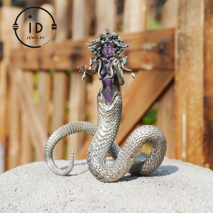 Silver Amethyst Serpent Woman Pendant & Figurine, Handmade Gothic Totem Art Object, Wearable or Display, Unique Gift Idea