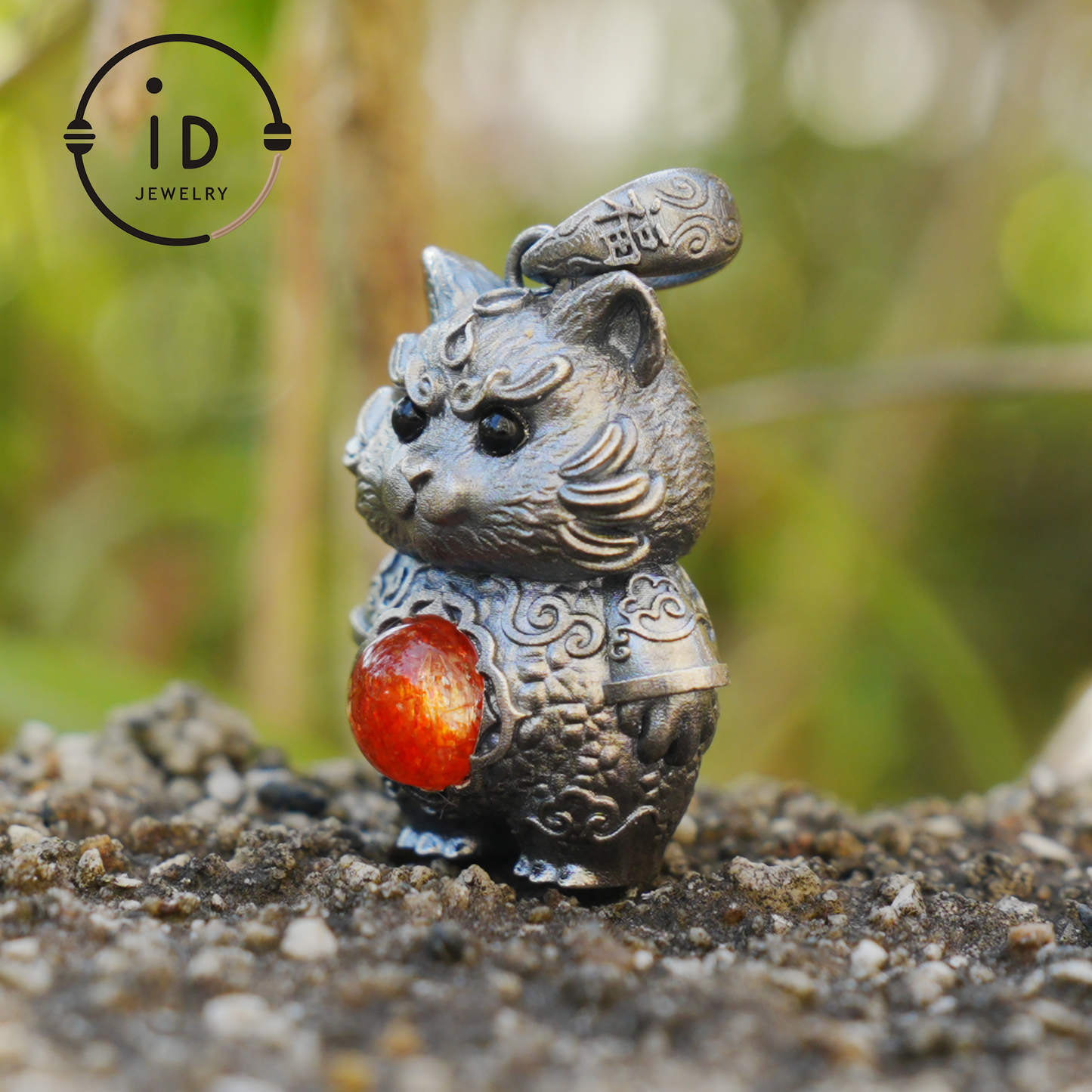 Tiger Pendant in 925 Sterling Silver with Sunstone and Black Onyx, Vintage Totem Necklace Amulet, Gift for Men Birthday Christmas