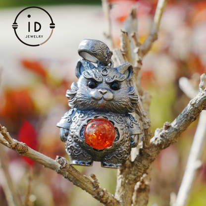 Tiger Pendant in 925 Sterling Silver with Sunstone and Black Onyx, Vintage Totem Necklace Amulet, Gift for Men Birthday Christmas