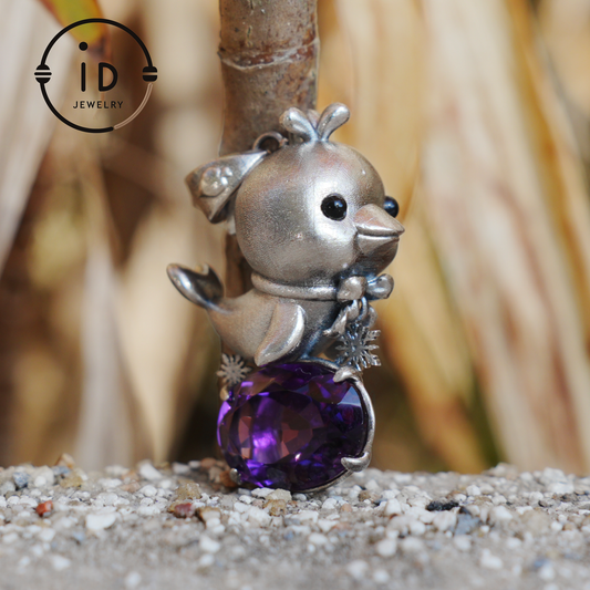 Dolphin Necklace in 925 Sterling Silver with Purple Amethyst, Handmade Jewelry in Vintage Animal Fairytale Style, Ideal Gift for Women