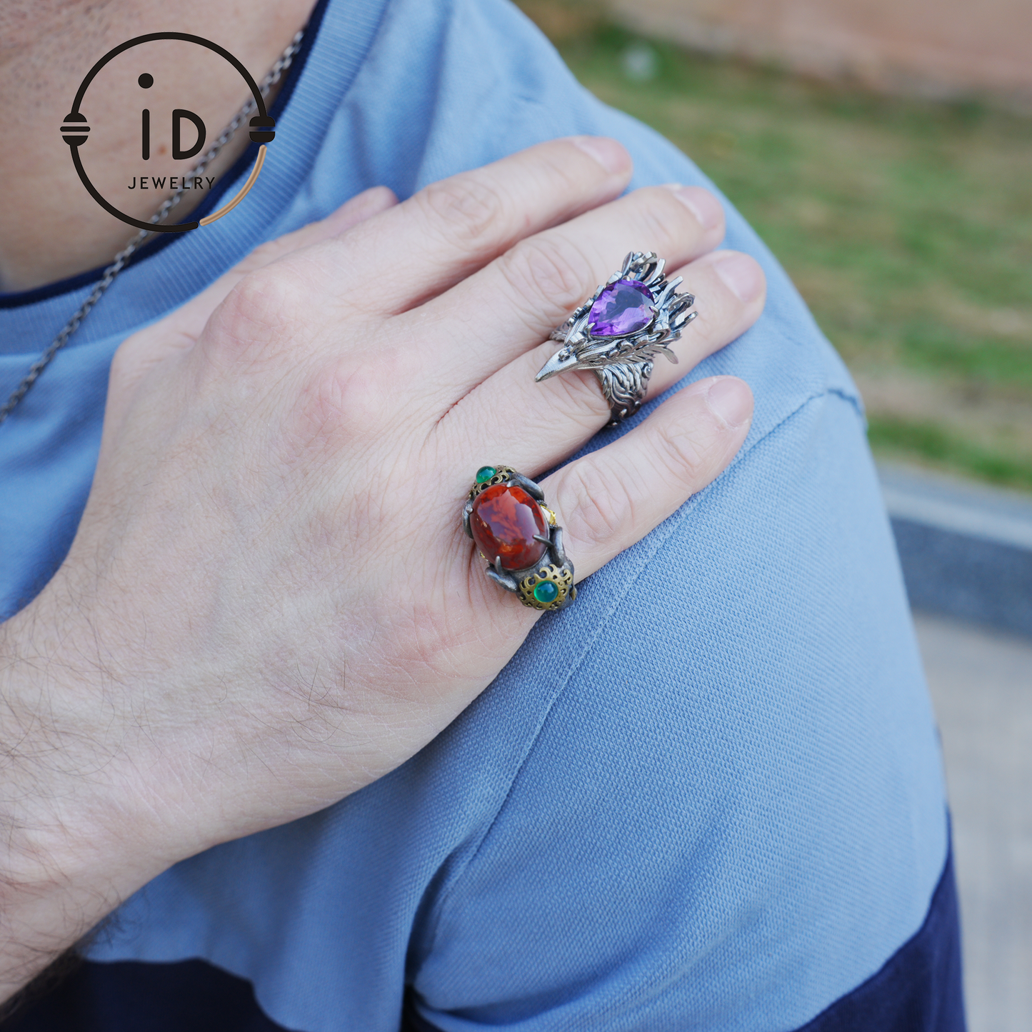 Adjustable Elephant Ring in 925 Sterling Silver with Red Agate and Green Stones, Totem Style Animal Symbol Jewelry, Spiritual Gift for Her
