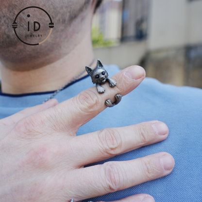 Adjustable dog ring in 925 silver with onyx, oxidized gothic style, animal totem jewelry gift for her or dog lovers