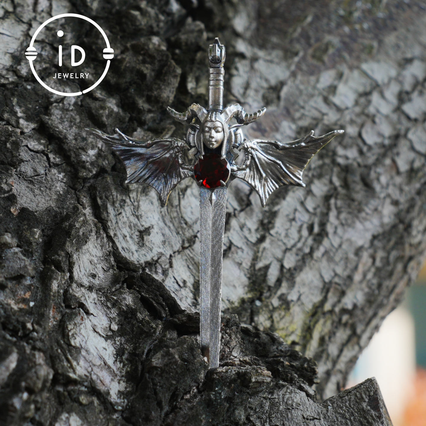 Gothic Sword Pendant in 925 Silver with Garnet Gemstone, Oxidized Vintage Design, Unisex Necklace as Birthday Gift