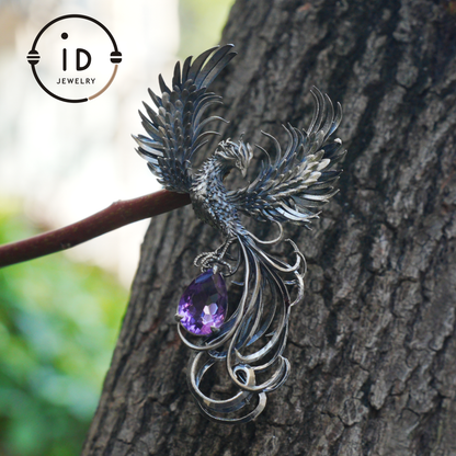 Gothic Pendant in 925 Silver with Amethyst Gemstone, Oxidized Vintage Design, Unisex Silver Necklace, Statement Jewelry as Birthday Gift