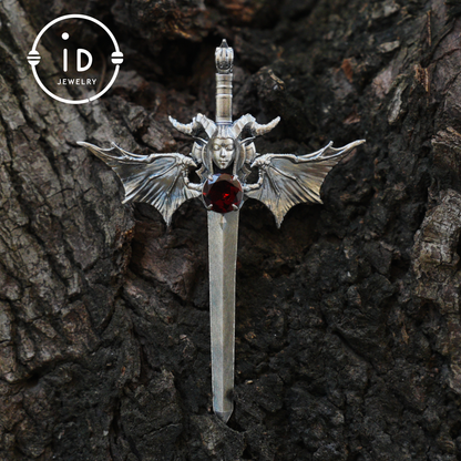 Gothic Sword Pendant in 925 Silver with Garnet Gemstone, Oxidized Vintage Design, Unisex Necklace as Birthday Gift