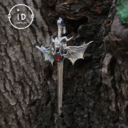 Gothic Sword Pendant in 925 Silver with Garnet Gemstone, Oxidized Vintage Design, Unisex Necklace as Birthday Gift