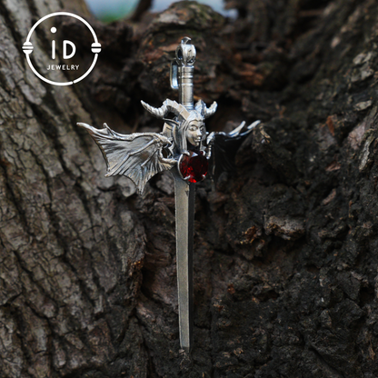 Gothic Sword Pendant in 925 Silver with Garnet Gemstone, Oxidized Vintage Design, Unisex Necklace as Birthday Gift