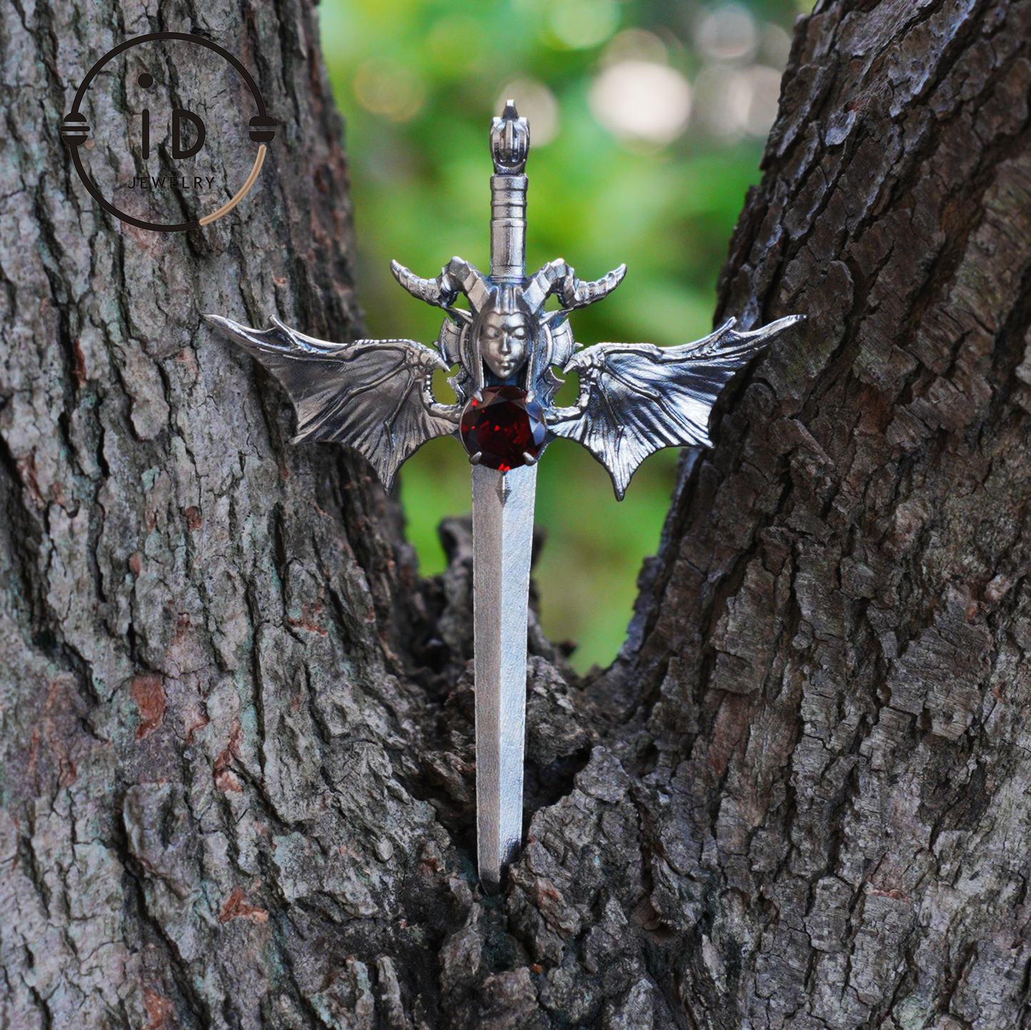 Gothic Sword Pendant in 925 Silver with Garnet Gemstone, Oxidized Vintage Design, Unisex Necklace as Birthday Gift