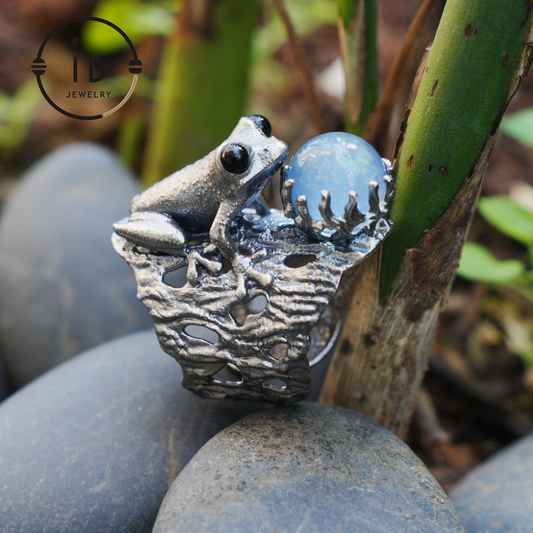 Silver Frog Ring with Aquamarine Cabochon · Animal Jewelry Vintage Style · Gift for Her Nature Lovers · Totem Ring Unisex