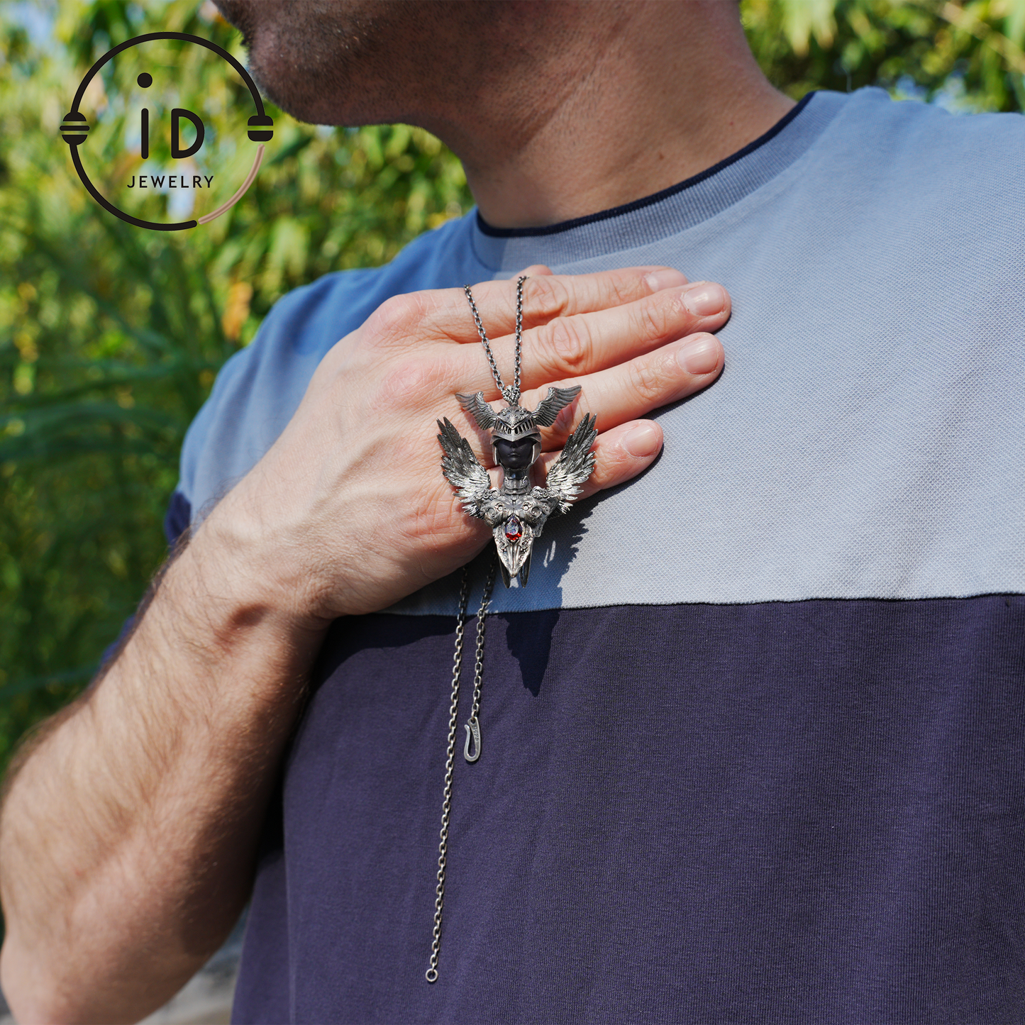 Valkyrie Pendant in 925 Sterling Silver with Ruby & Amethyst | Gothic Fantasy Totem Necklace | Handmade Mythology Jewelry for Collectors