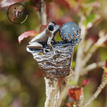 Silver Frog Ring with Aquamarine Cabochon · Animal Jewelry Vintage Style · Gift for Her Nature Lovers · Totem Ring Unisex