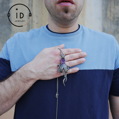 Large Amethyst Pendant in Oxidized 925 Silver with Tentacle Figure · Gothic Fantasy Style Necklace · Unique Halloween Jewelry Gift for Her