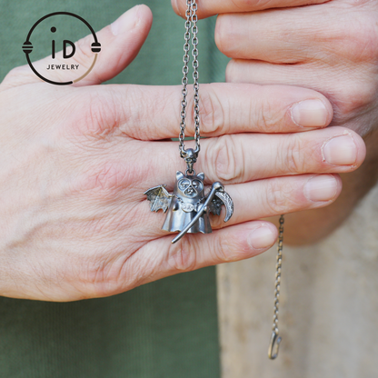 925 sterling silver pendant with winged cat figure and scythe in gothic vintage style, oxidized silver, gift for her fantasy jewelry