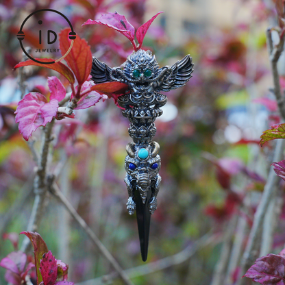 Totem pendant in 925 silver with turquoise and onyx · Spiritual gothic tribal jewelry in symbolic style · Gift for men or artists