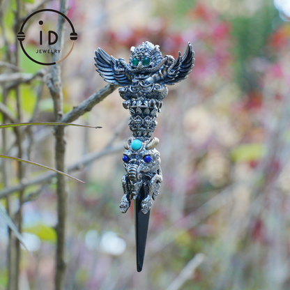 Totem pendant in 925 silver with turquoise and onyx · Spiritual gothic tribal jewelry in symbolic style · Gift for men or artists