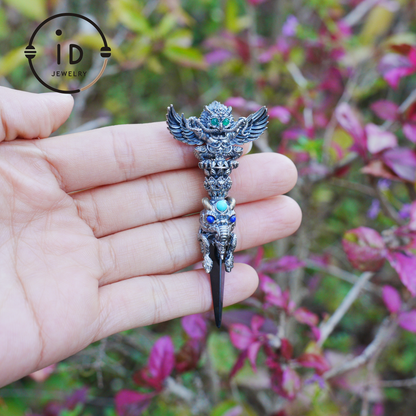 Totem pendant in 925 silver with turquoise and onyx · Spiritual gothic tribal jewelry in symbolic style · Gift for men or artists