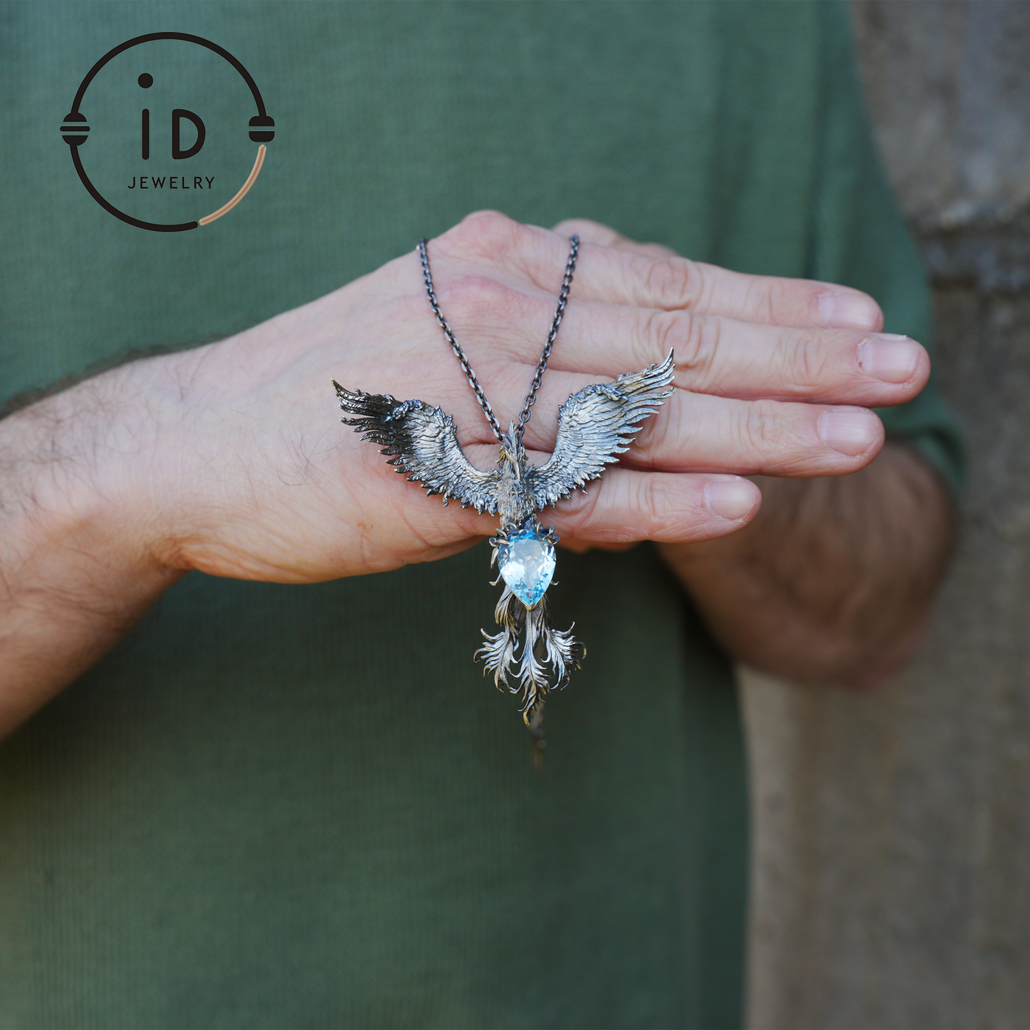 Handgefertigte Phönix-Halskette mit Aquamarin | Mystisches Symbol | Vintage Fantasy Schmuck 