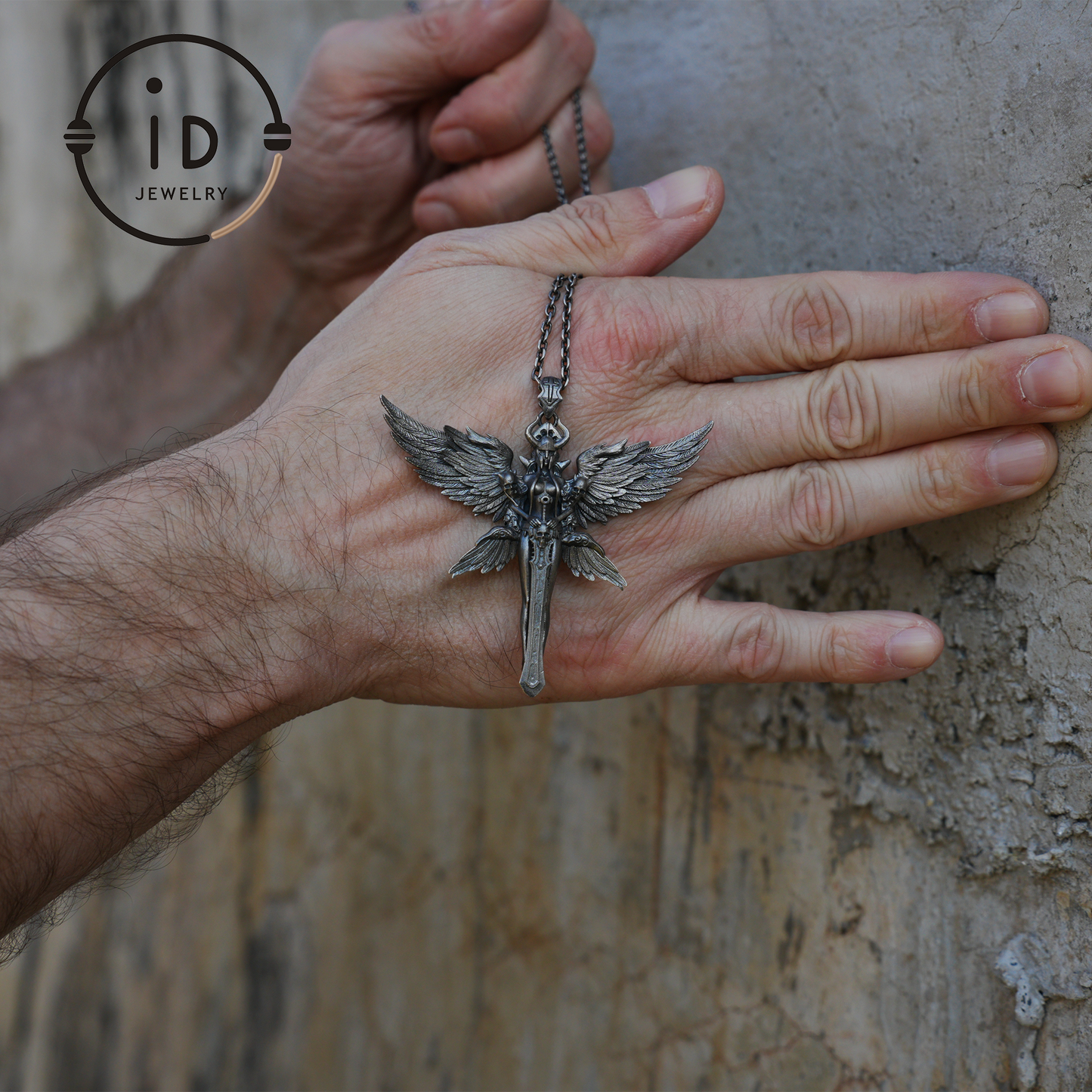Gothic Warrior Woman Pendant with Wings and Sword in 925 Oxidized Silver Fantasy Totem Necklace for Cosplay Gift for Her Him