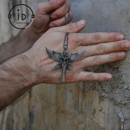 Gothic Warrior Woman Pendant with Wings and Sword in 925 Oxidized Silver Fantasy Totem Necklace for Cosplay Gift for Her Him