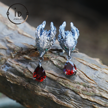 Fox Jewelry Set in Oxidized 925 Silver with Red Garnet – Gothic Earrings & Ring – Mystical Animal Jewelry in Fantasy Style Gift