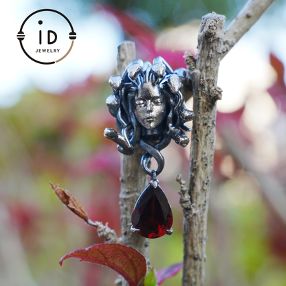 Medusa Earrings with Garnet Drop in Oxidized 925 Sterling Silver, Gothic Vintage Jewelry for Women, Christmas Gift Idea