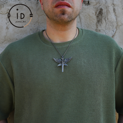 Gothic Warrior Woman Pendant with Wings and Sword in 925 Oxidized Silver Fantasy Totem Necklace for Cosplay Gift for Her Him