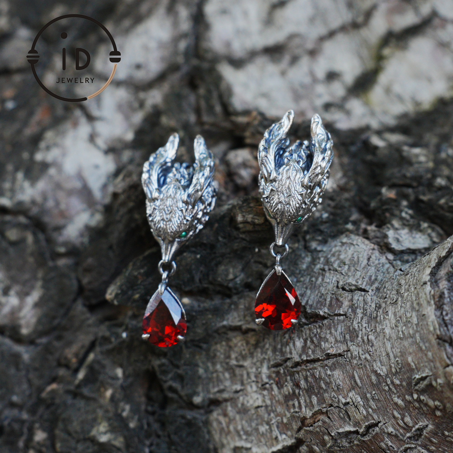 Fox Jewelry Set in Oxidized 925 Silver with Red Garnet – Gothic Earrings & Ring – Mystical Animal Jewelry in Fantasy Style Gift