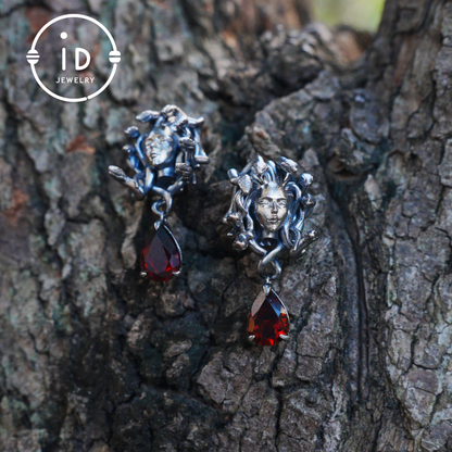 Medusa Earrings with Garnet Drop in Oxidized 925 Sterling Silver, Gothic Vintage Jewelry for Women, Christmas Gift Idea