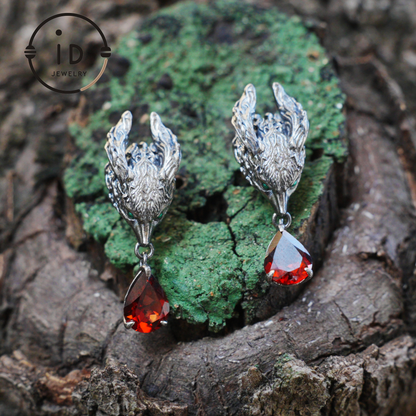 Fox Jewelry Set in Oxidized 925 Silver with Red Garnet – Gothic Earrings & Ring – Mystical Animal Jewelry in Fantasy Style Gift