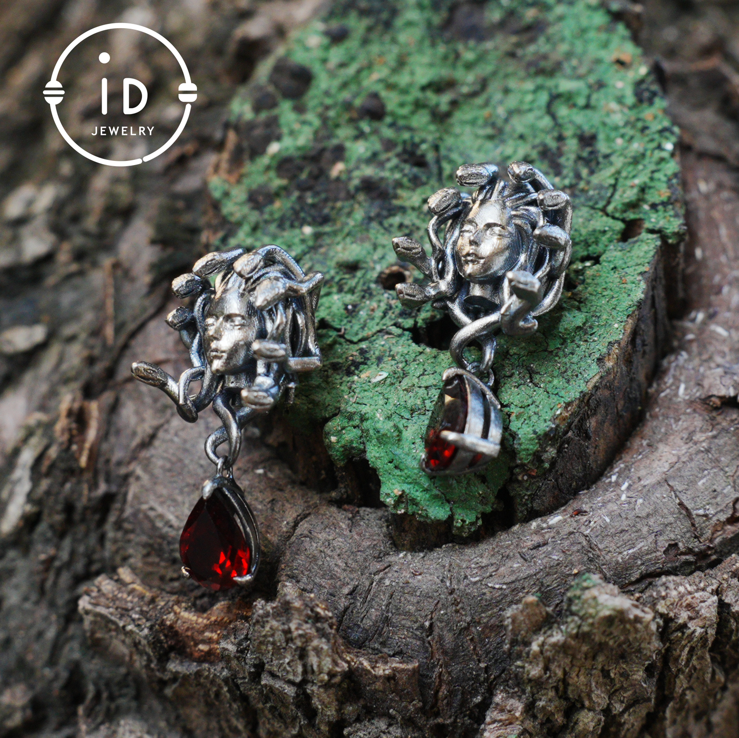 Medusa Earrings with Garnet Drop in Oxidized 925 Sterling Silver, Gothic Vintage Jewelry for Women, Christmas Gift Idea
