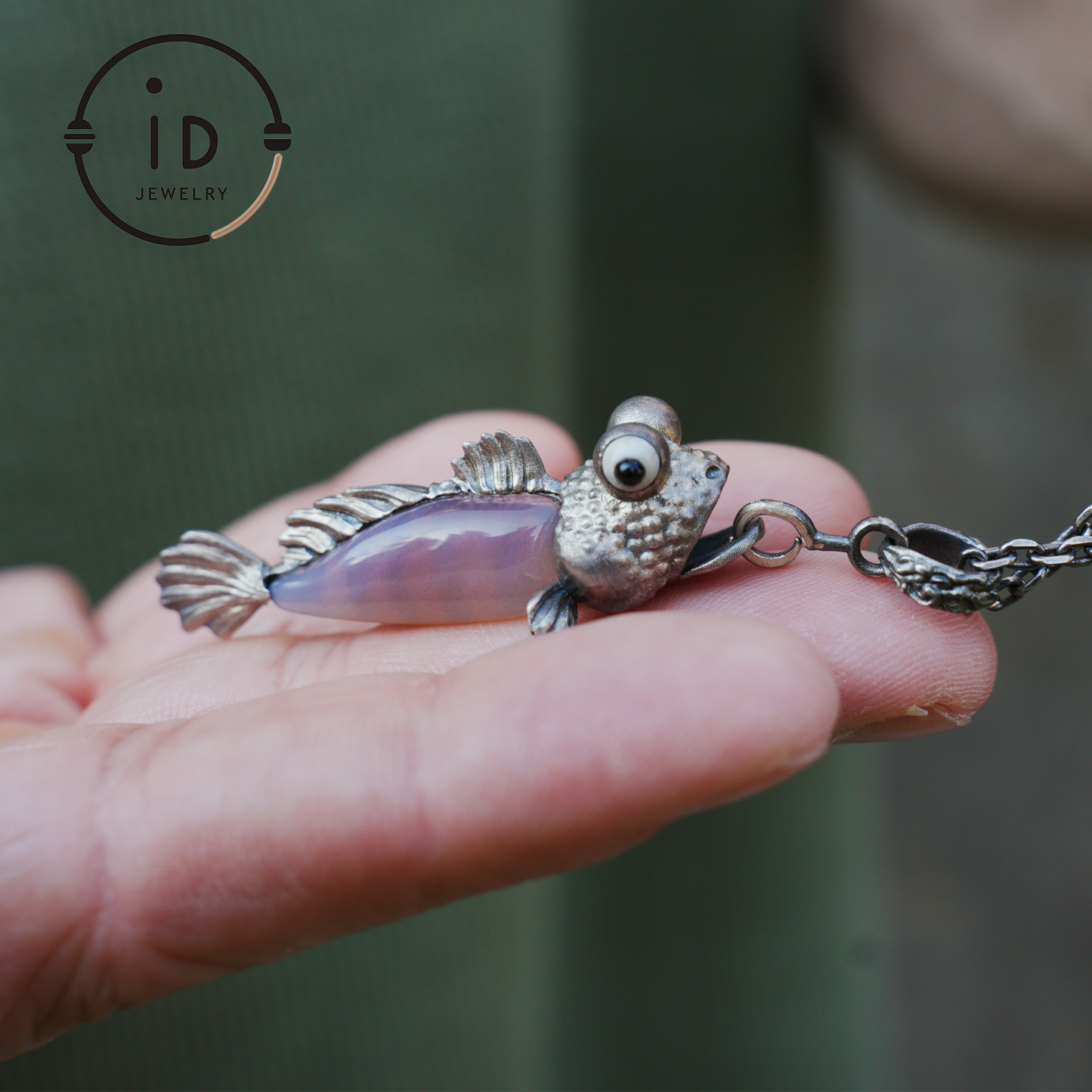 Pink Agate Fish Pendant in 925 Silver, Whimsical Totem Animal Necklace, Fantasy Vintage Jewelry Gift for Women or Men, Birthday Christmas