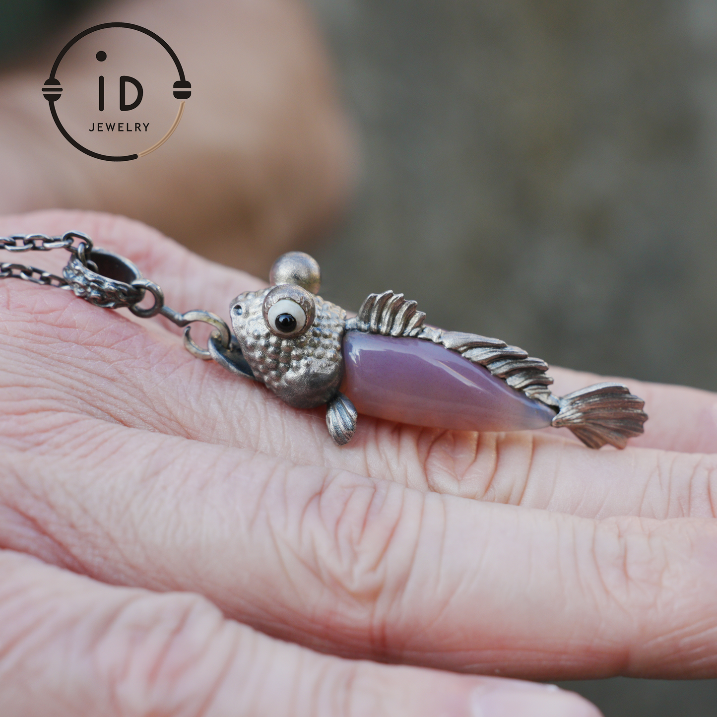 Pink Agate Fish Pendant in 925 Silver, Whimsical Totem Animal Necklace, Fantasy Vintage Jewelry Gift for Women or Men, Birthday Christmas