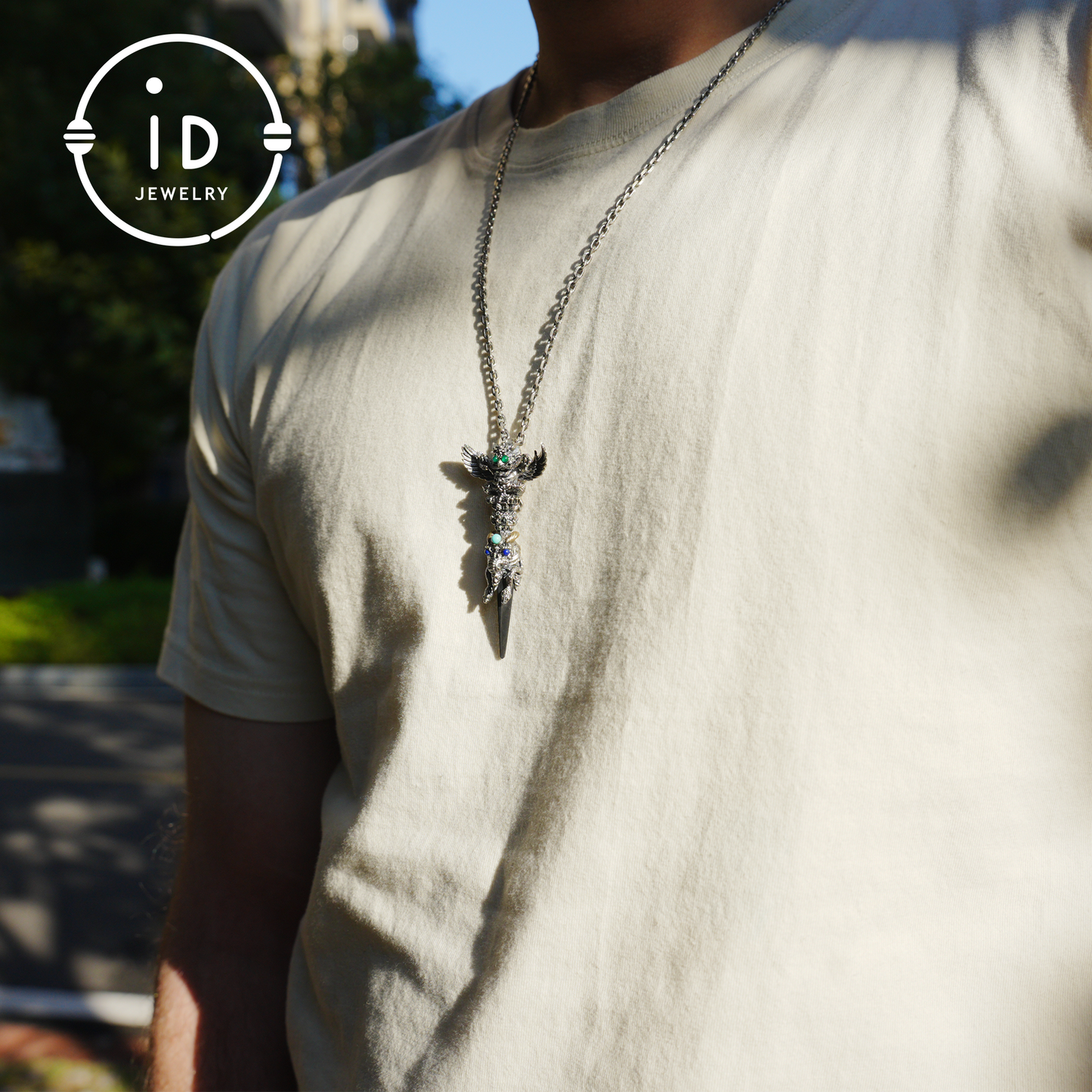 Totem pendant in 925 silver with turquoise and onyx · Spiritual gothic tribal jewelry in symbolic style · Gift for men or artists