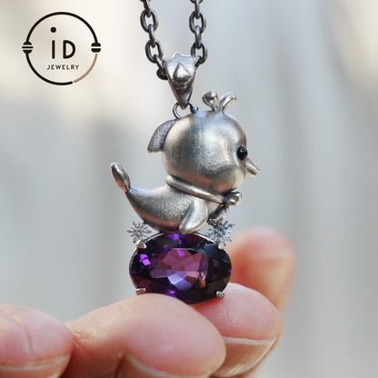 Dolphin Necklace in 925 Sterling Silver with Purple Amethyst, Handmade Jewelry in Vintage Animal Fairytale Style, Ideal Gift for Women