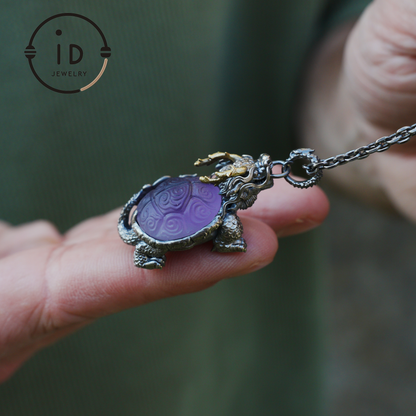Amethyst Dragon Turtle Pendant in 925 Sterling Silver, Totem Vintage Style Necklace, Mystical Talisman Gift for Men and Women