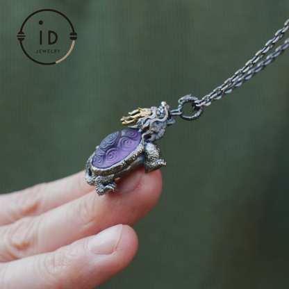 Amethyst Dragon Turtle Pendant in 925 Sterling Silver, Totem Vintage Style Necklace, Mystical Talisman Gift for Men and Women