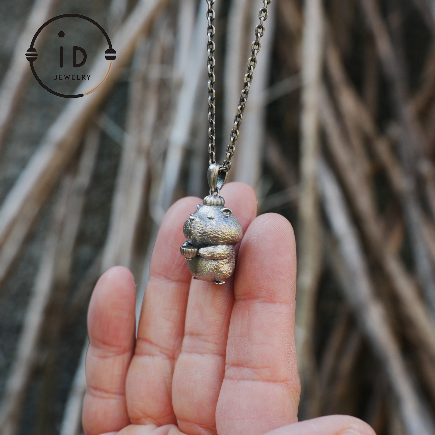 Oxidized Silver Hamster Pendant Handmade Totem Jewelry Animal Charm Necklace Gift for Her Zen Style Talisman 925 Sterling Silver