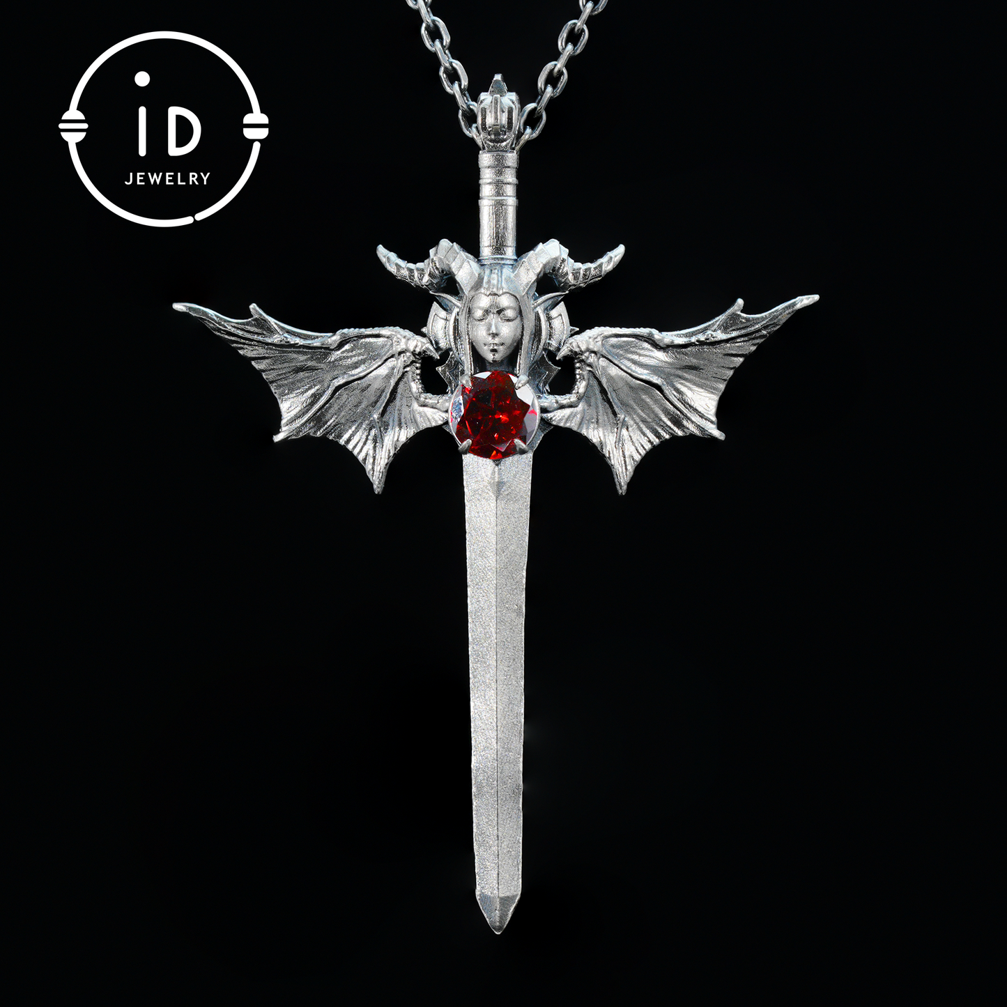 Gothic Sword Pendant in 925 Silver with Garnet Gemstone, Oxidized Vintage Design, Unisex Necklace as Birthday Gift