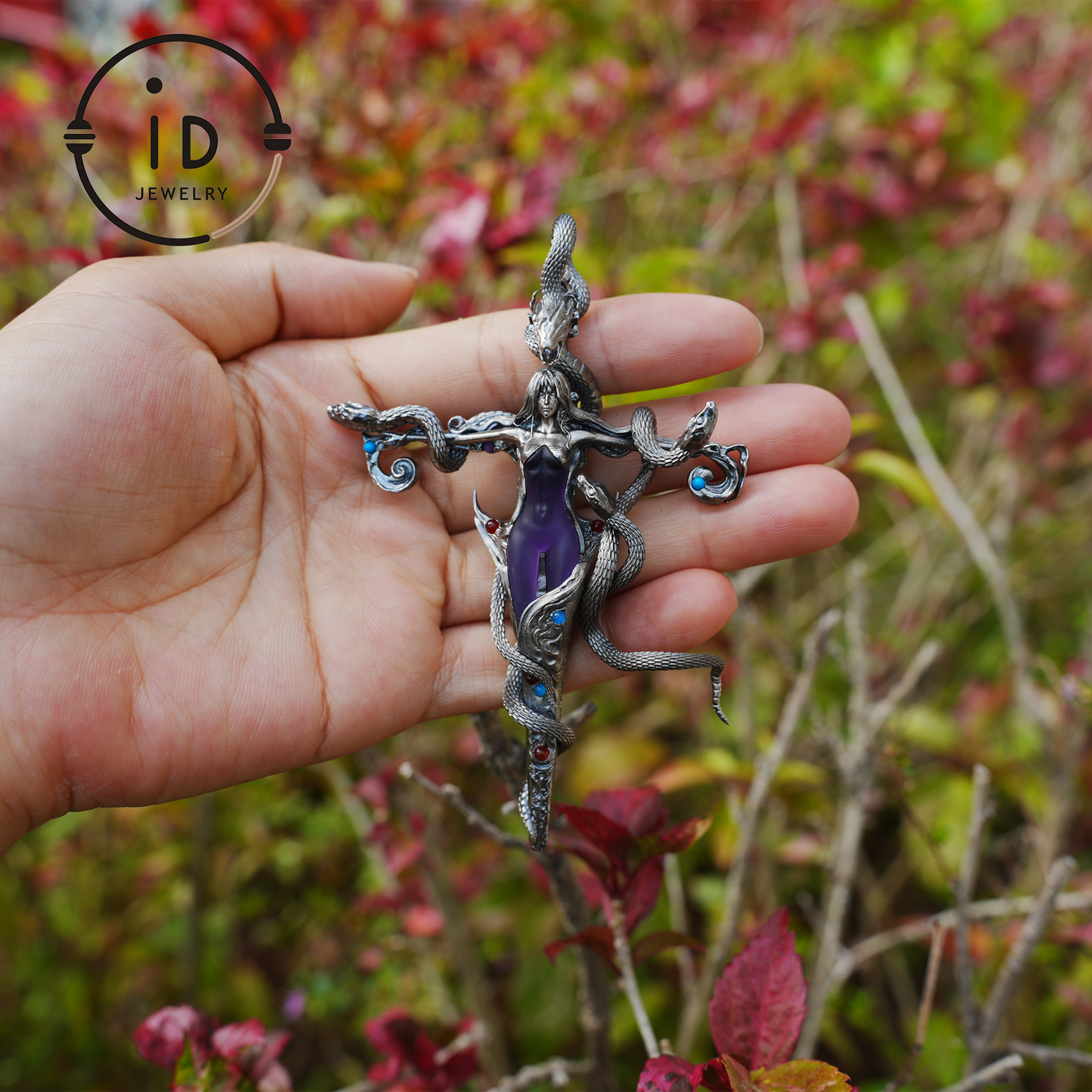 Gothic Snake Pendant in 925 Sterling Silver with Amethyst and Glass Accents, Mystical Totem Necklace Gift for Her or Him
