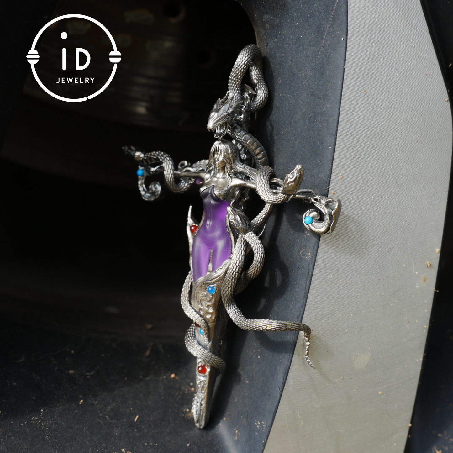 Gothic Snake Pendant in 925 Sterling Silver with Amethyst and Glass Accents, Mystical Totem Necklace Gift for Her or Him