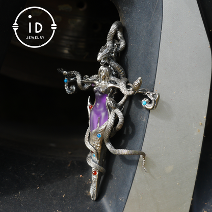 Gothic Snake Pendant in 925 Sterling Silver with Amethyst and Glass Accents, Mystical Totem Necklace Gift for Her or Him