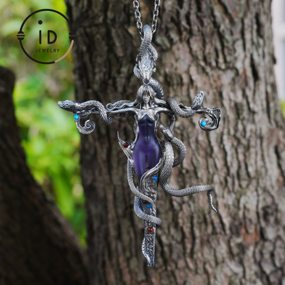 Gothic Snake Pendant in 925 Sterling Silver with Amethyst and Glass Accents, Mystical Totem Necklace Gift for Her or Him