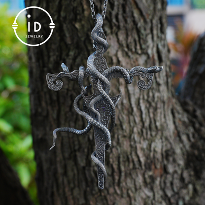 Gothic Snake Pendant in 925 Sterling Silver with Amethyst and Glass Accents, Mystical Totem Necklace Gift for Her or Him