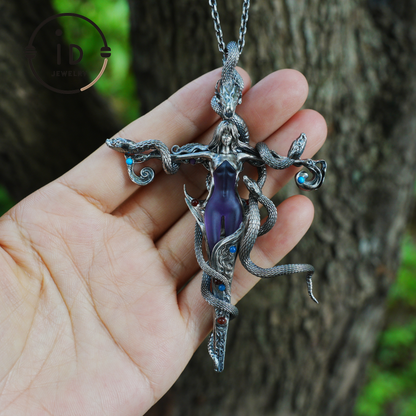 Gothic Snake Pendant in 925 Sterling Silver with Amethyst and Glass Accents, Mystical Totem Necklace Gift for Her or Him