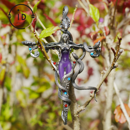 Gothic Snake Pendant in 925 Sterling Silver with Amethyst and Glass Accents, Mystical Totem Necklace Gift for Her or Him